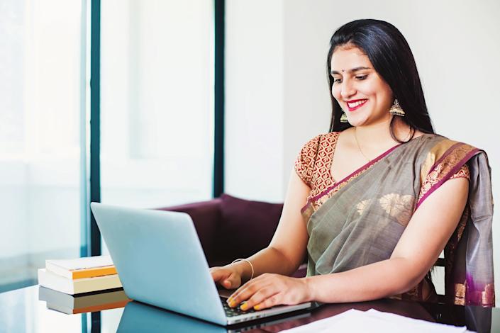 Working women in saree, work from home in saree, married women working in saree, Indian women/female working in saree