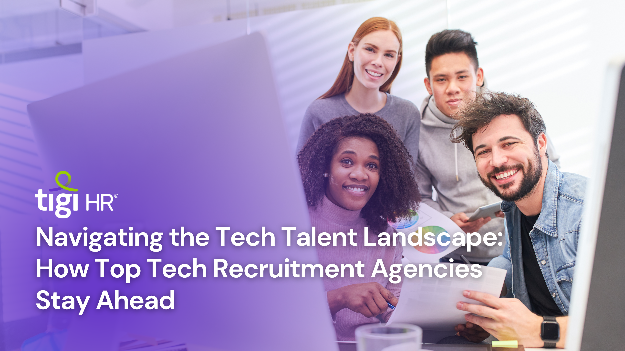A diverse group of professionals collaborating in a tech office, representing the importance of top talent, emerging technologies, and diversity and inclusion in the tech industry.
